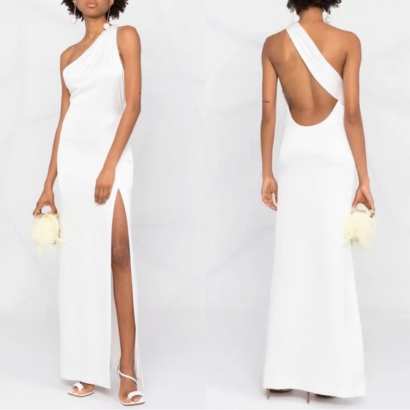 Alice + Olivia Paulette One Shoulder Satin Crepe Fitted Gown 8 NWT Off White - Picture 2 of 15